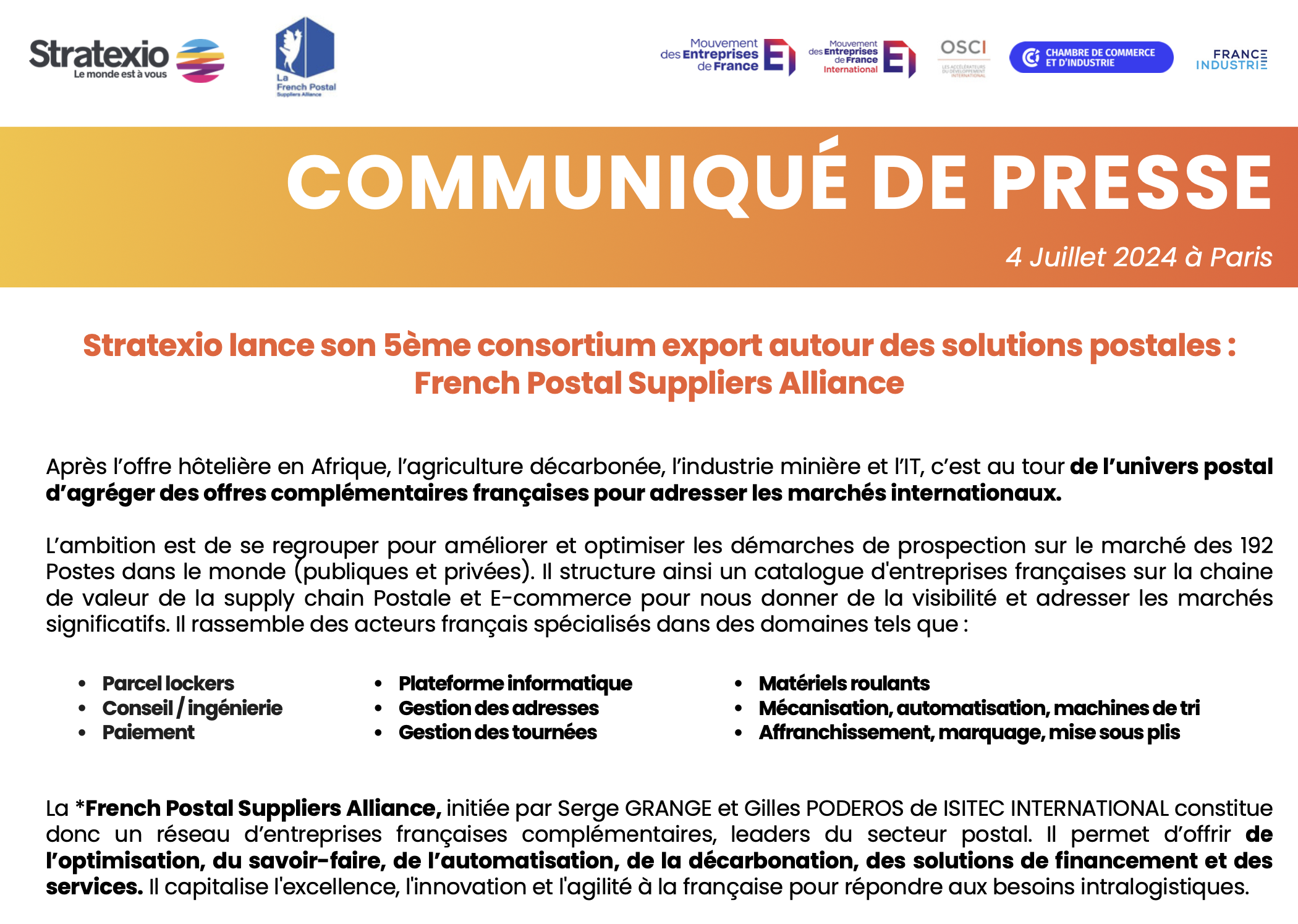 COMMUNIQUÉ DE PRESSE : Lancement de la French Postal Suppliers Alliance